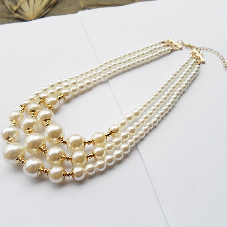 2021 style 3 layers strand handmade short pearl necklace,Gold-color 3R pearl beads neck clavicle necklace for women