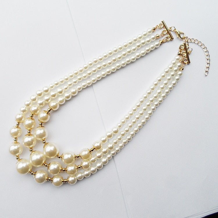 2021 style 3 layers strand handmade short pearl necklace,Gold-color 3R pearl beads neck clavicle necklace for women