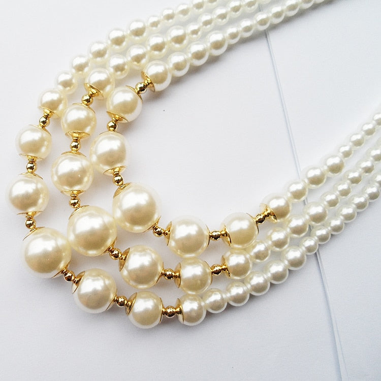 2021 style 3 layers strand handmade short pearl necklace,Gold-color 3R pearl beads neck clavicle necklace for women