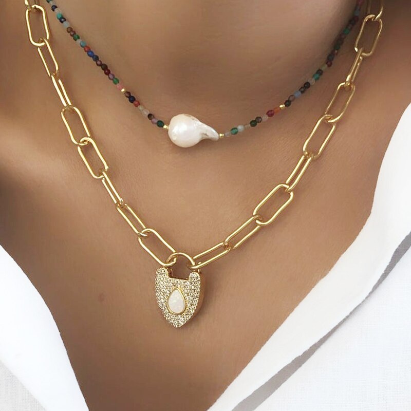 2021 Novelty Creative Design Lock Shape Pendant Necklace Curb Cuban Chain Accessories Women Gifts Punk Statement Chunky Jewelry