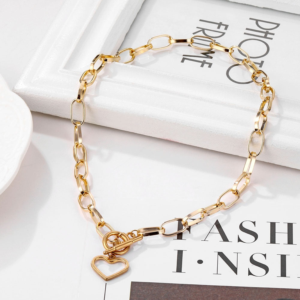 2022 Punk Thick Chain Heart Choker Necklace Retro Gothic Rock Gold Color Silver Color Geometric Clavicle Necklace Jewelry Gift