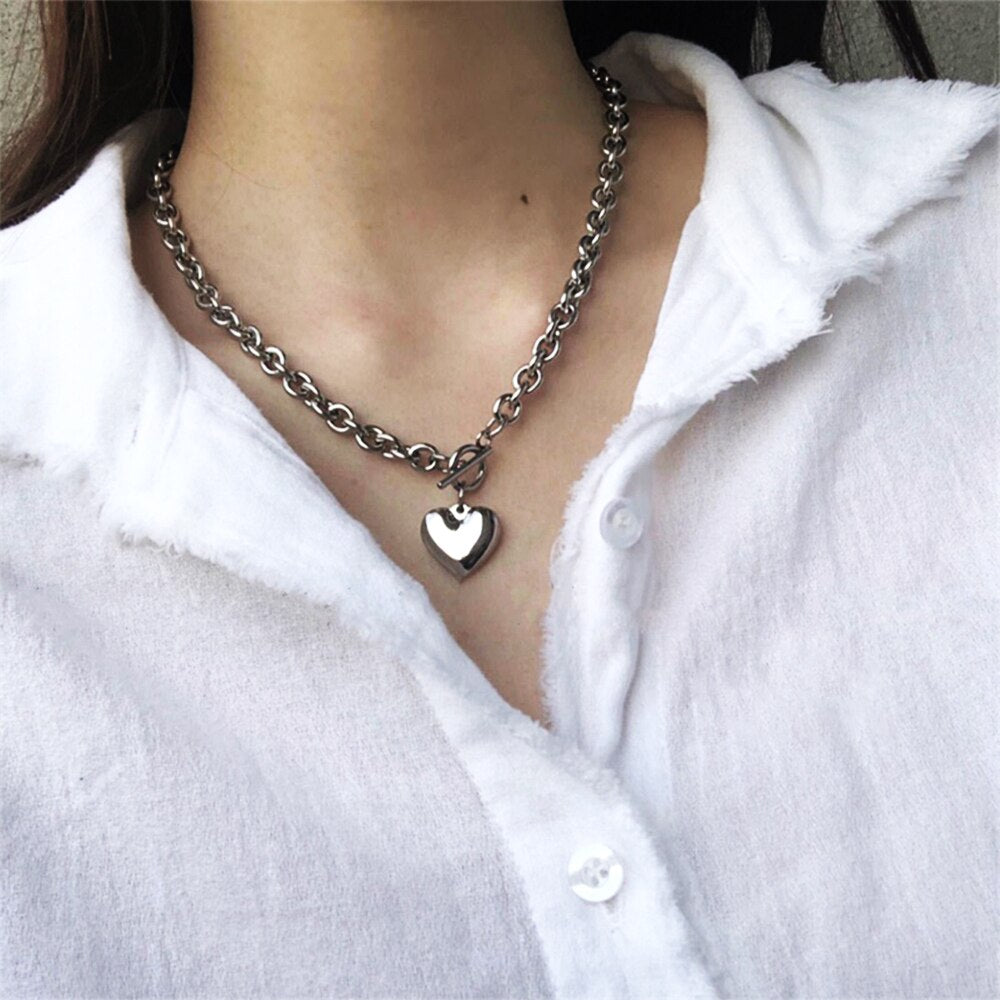 2022 Punk Thick Chain Heart Choker Necklace Retro Gothic Rock Gold Color Silver Color Geometric Clavicle Necklace Jewelry Gift