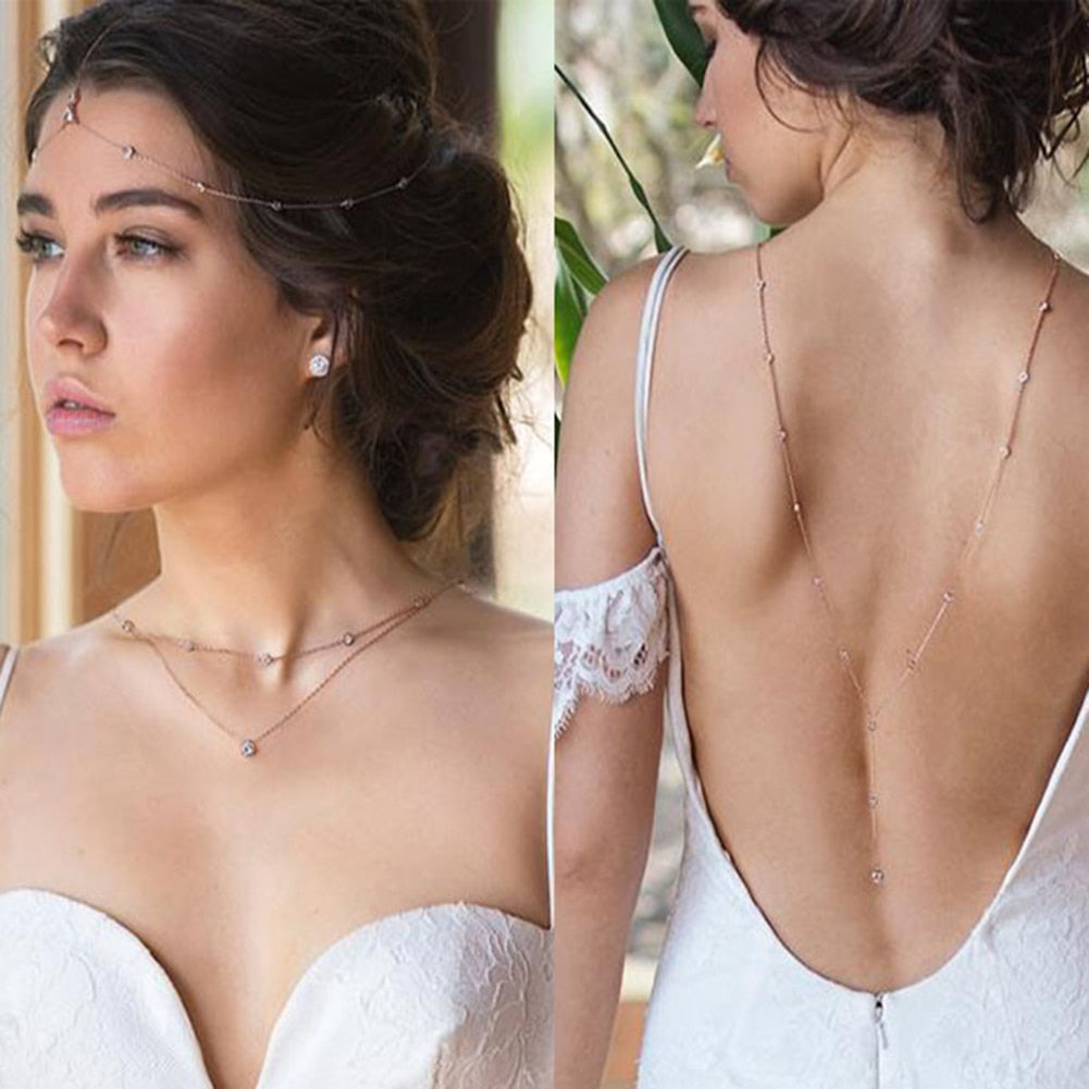 2021 Rhinestone Inlaid Long Drop Bridal Back Necklace Lady Body Chain Wedding Jewelry necklace for women бижутерия для женщин