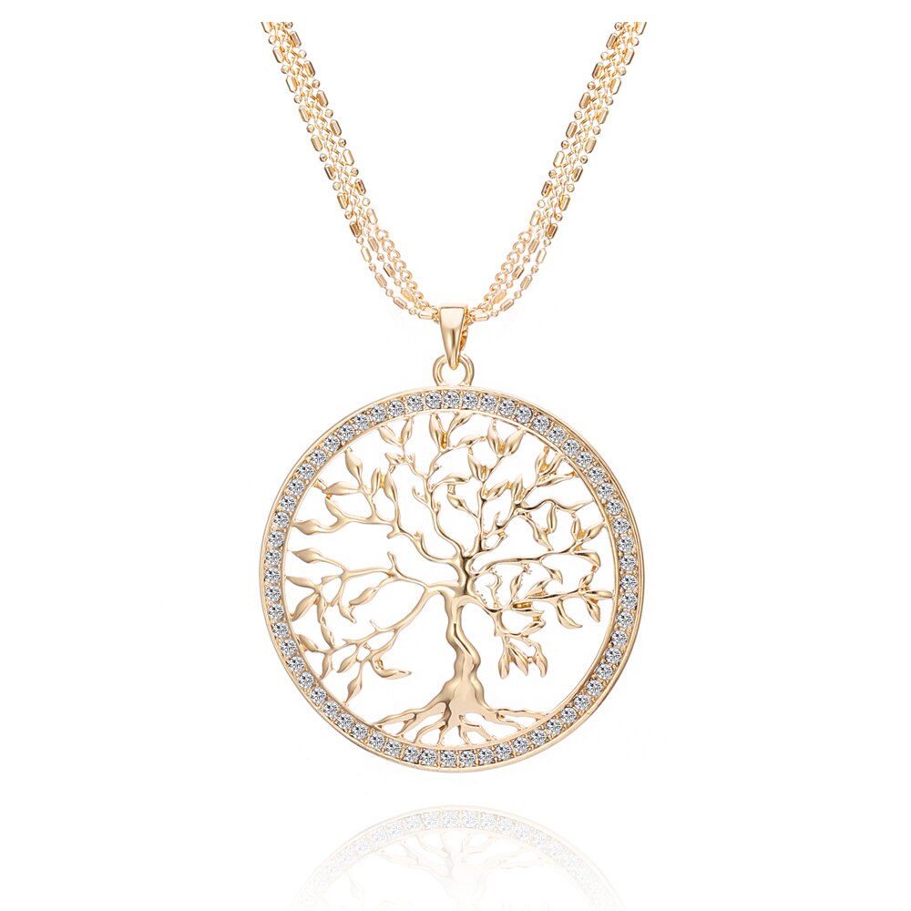2022 Tree Of Life Necklace Gold Color Three-Layer Chain Big Crystal Round Pendant Necklaces For Woman Jewelry Accessories Gift