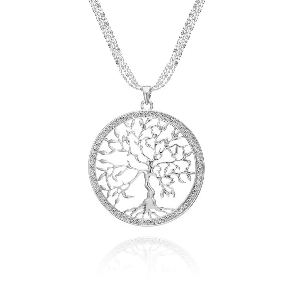 2022 Tree Of Life Necklace Gold Color Three-Layer Chain Big Crystal Round Pendant Necklaces For Woman Jewelry Accessories Gift