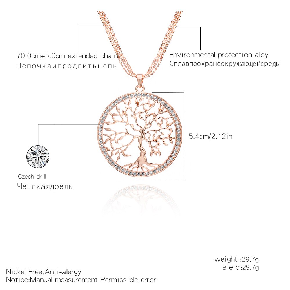 2022 Tree Of Life Necklace Gold Color Three-Layer Chain Big Crystal Round Pendant Necklaces For Woman Jewelry Accessories Gift