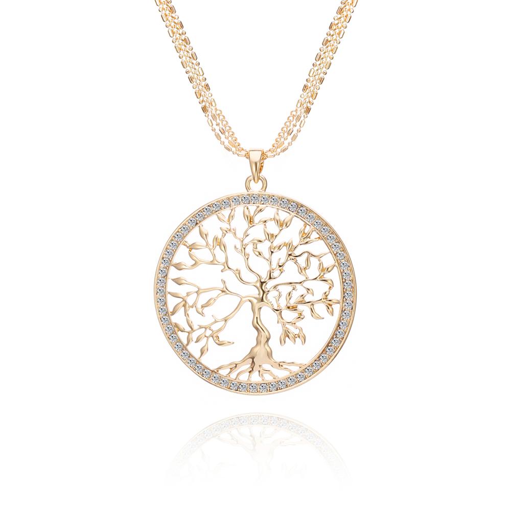 2022 Tree Of Life Necklace Gold Color Three-Layer Chain Big Crystal Round Pendant Necklaces For Woman Jewelry Accessories Gift