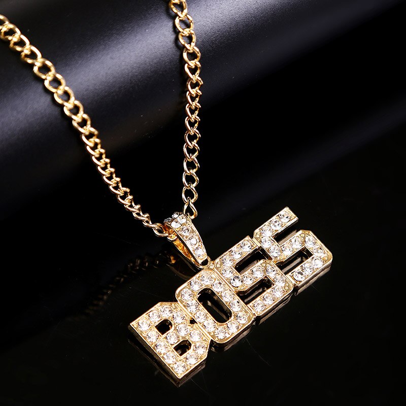2021 Trendy Hip Hop Rhinestone Letter BOSS Gold Pendant Necklace Bling Bling Iced Out Cuban Link Chain  Jewelry Gift