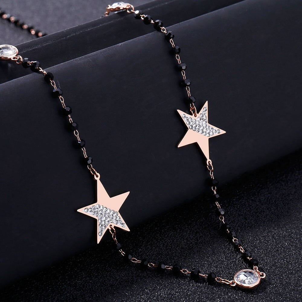 2022 Trendy Star Stainless Steel Long Necklaces For Woman Euro Design Crystal Little Star Black Beaded Sweater Chain Jewelry