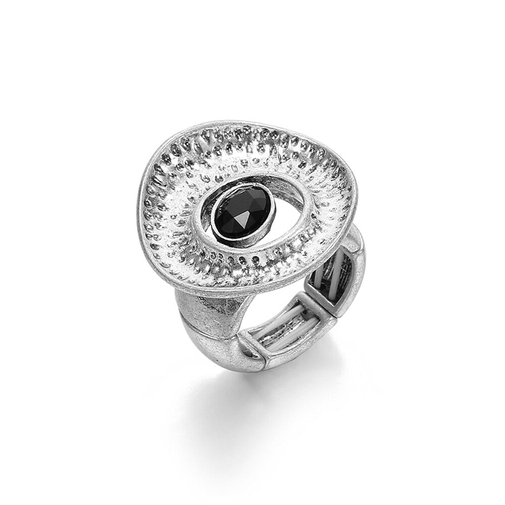 2022 Vintage Exaggerated Antique Silvery Ring For Woman Man Adjustable Size Black Stone Evil Eye Finger Ring Trendy Jewelry Gift