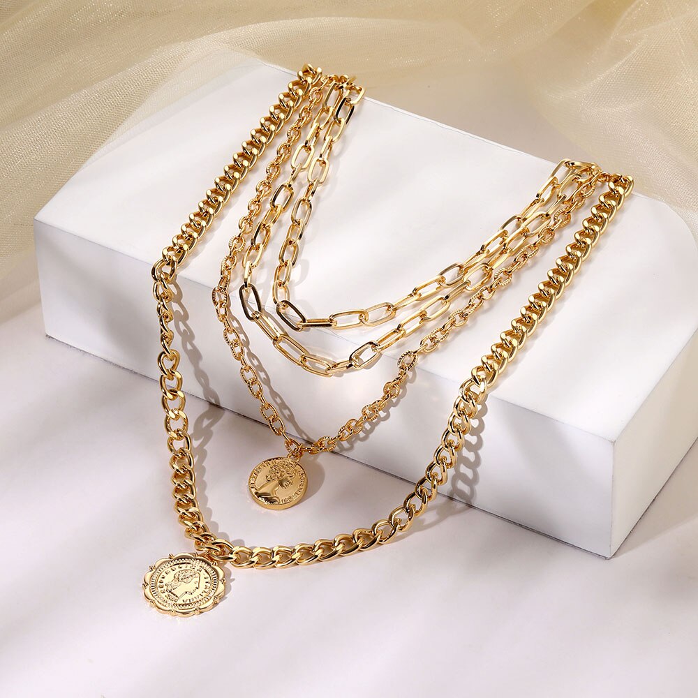 2021 Vintage Layered Coins Human Head Pendant Necklace for Women Bohemian Multilayer Geometric Choker Collar Necklace