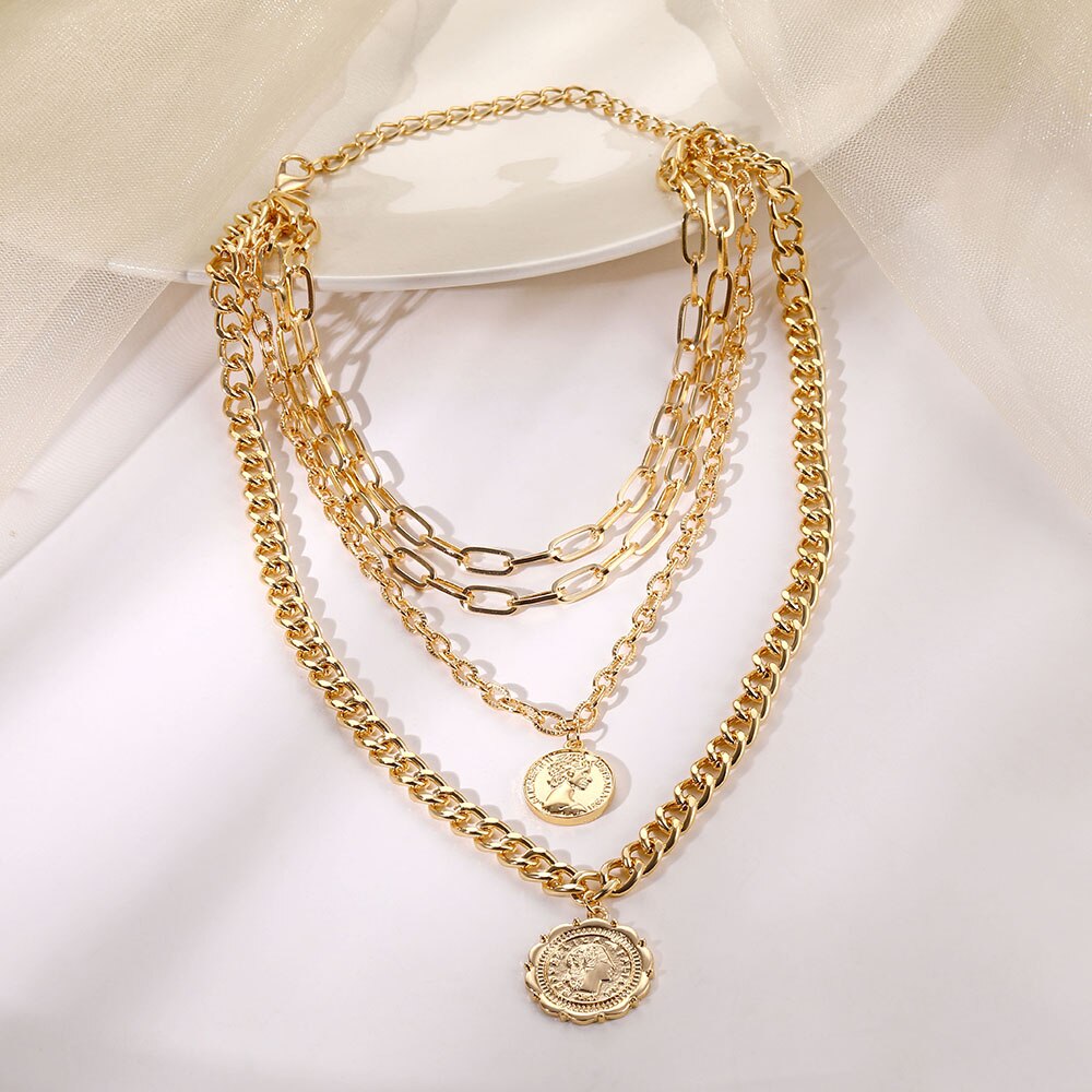 2021 Vintage Layered Coins Human Head Pendant Necklace for Women Bohemian Multilayer Geometric Choker Collar Necklace
