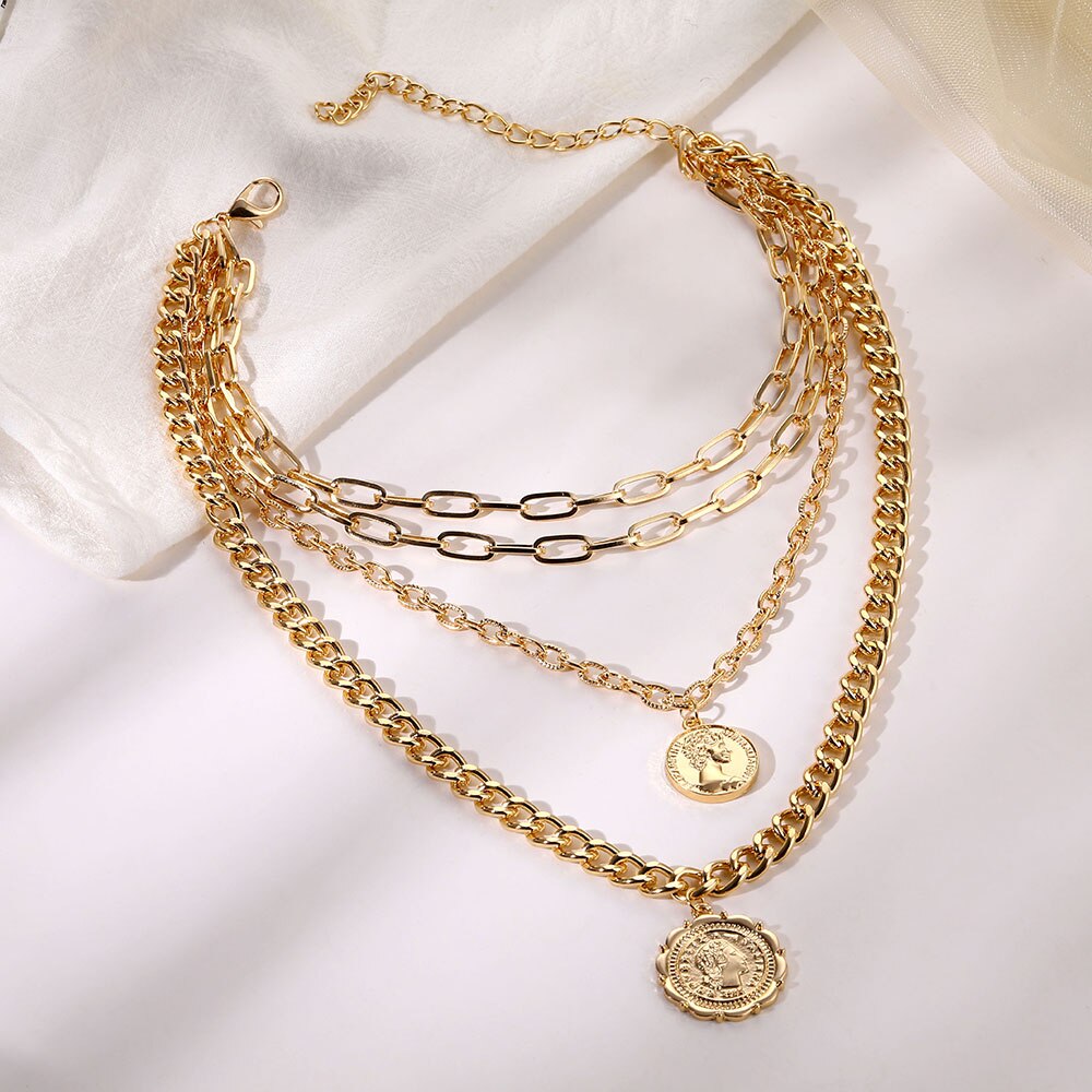 2021 Vintage Layered Coins Human Head Pendant Necklace for Women Bohemian Multilayer Geometric Choker Collar Necklace