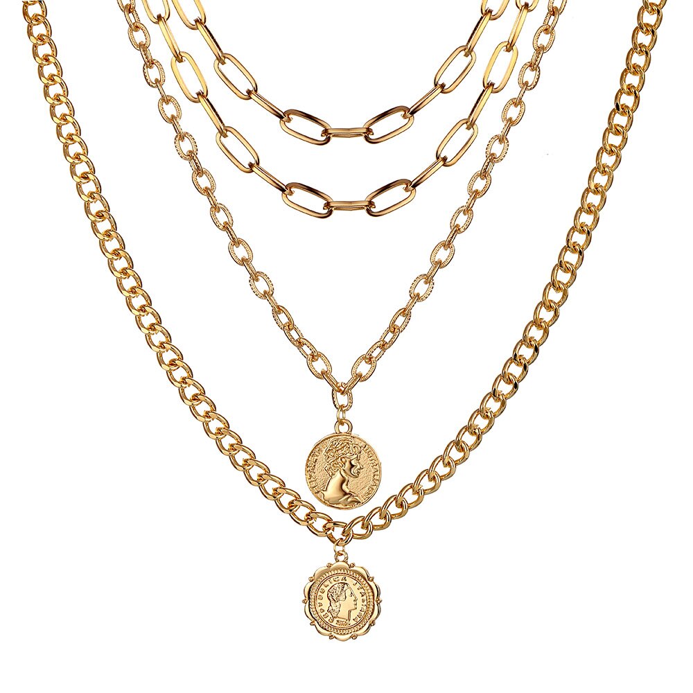 2021 Vintage Layered Coins Human Head Pendant Necklace for Women Bohemian Multilayer Geometric Choker Collar Necklace
