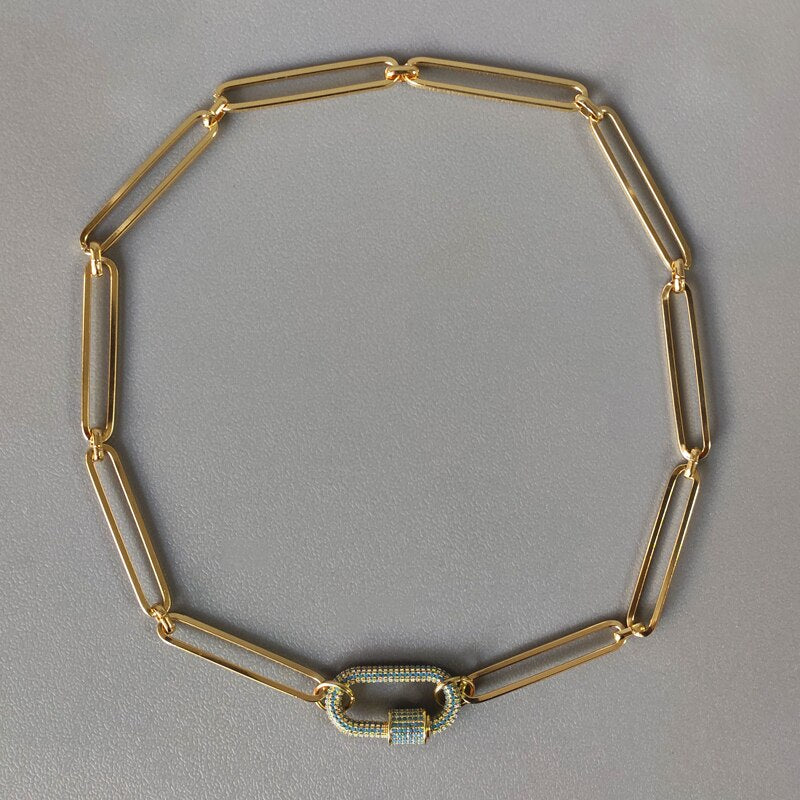 2021 Gold Color Punk Chain Choker blue Zircon Spiral Buckle Ornament  For Women Handmade Creative Hip Hop Jewelry