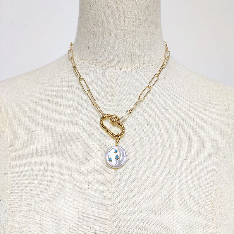 2021 pearl pendant necklace freshwater pearls inlaid with blue stones jewelry handmade punk gold-color chain choker gifts