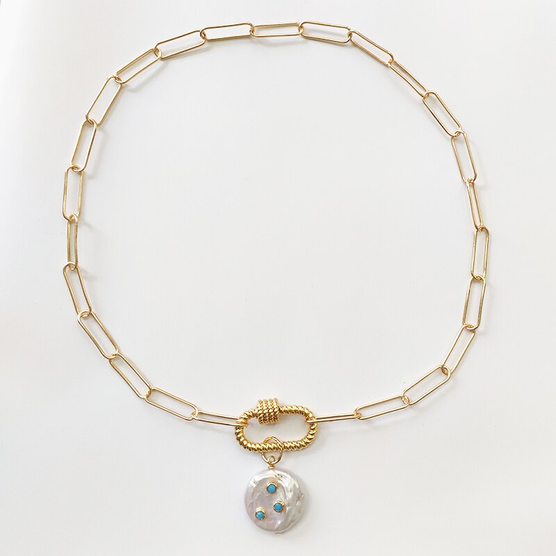 2021 pearl pendant necklace freshwater pearls inlaid with blue stones jewelry handmade punk gold-color chain choker gifts