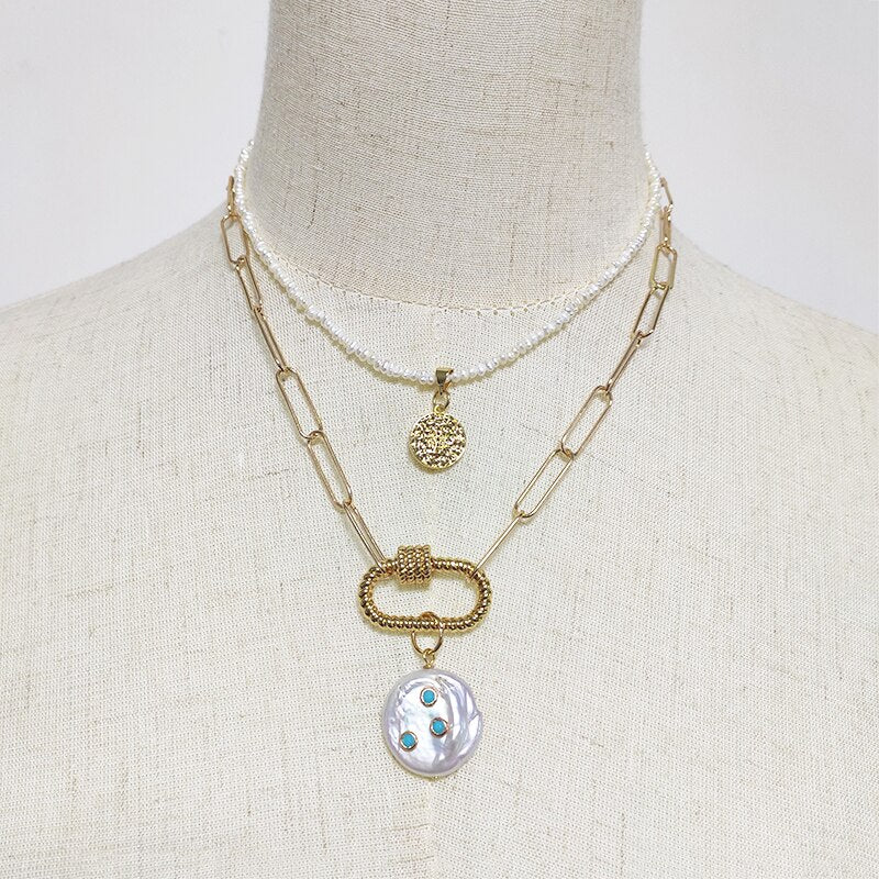 2021 pearl pendant necklace freshwater pearls inlaid with blue stones jewelry handmade punk gold-color chain choker gifts
