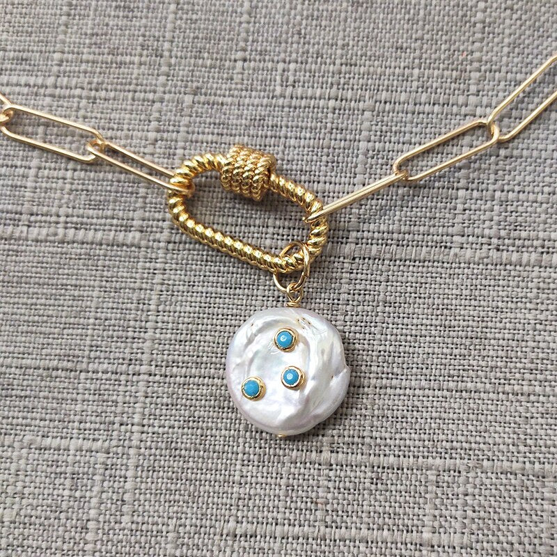 2021 pearl pendant necklace freshwater pearls inlaid with blue stones jewelry handmade punk gold-color chain choker gifts
