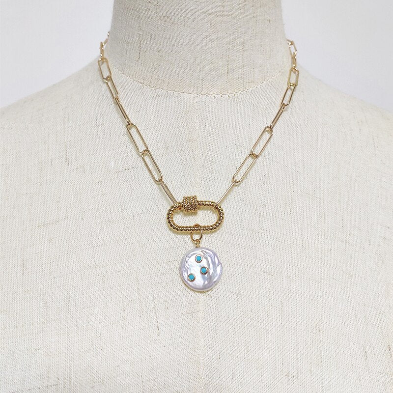 2021 pearl pendant necklace freshwater pearls inlaid with blue stones jewelry handmade punk gold-color chain choker gifts