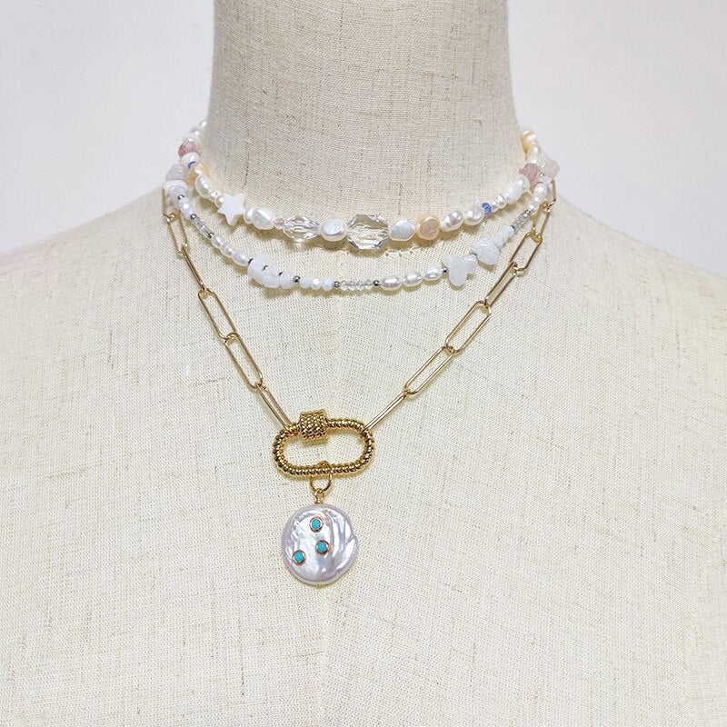 2021 pearl pendant necklace freshwater pearls inlaid with blue stones jewelry handmade punk gold-color chain choker gifts