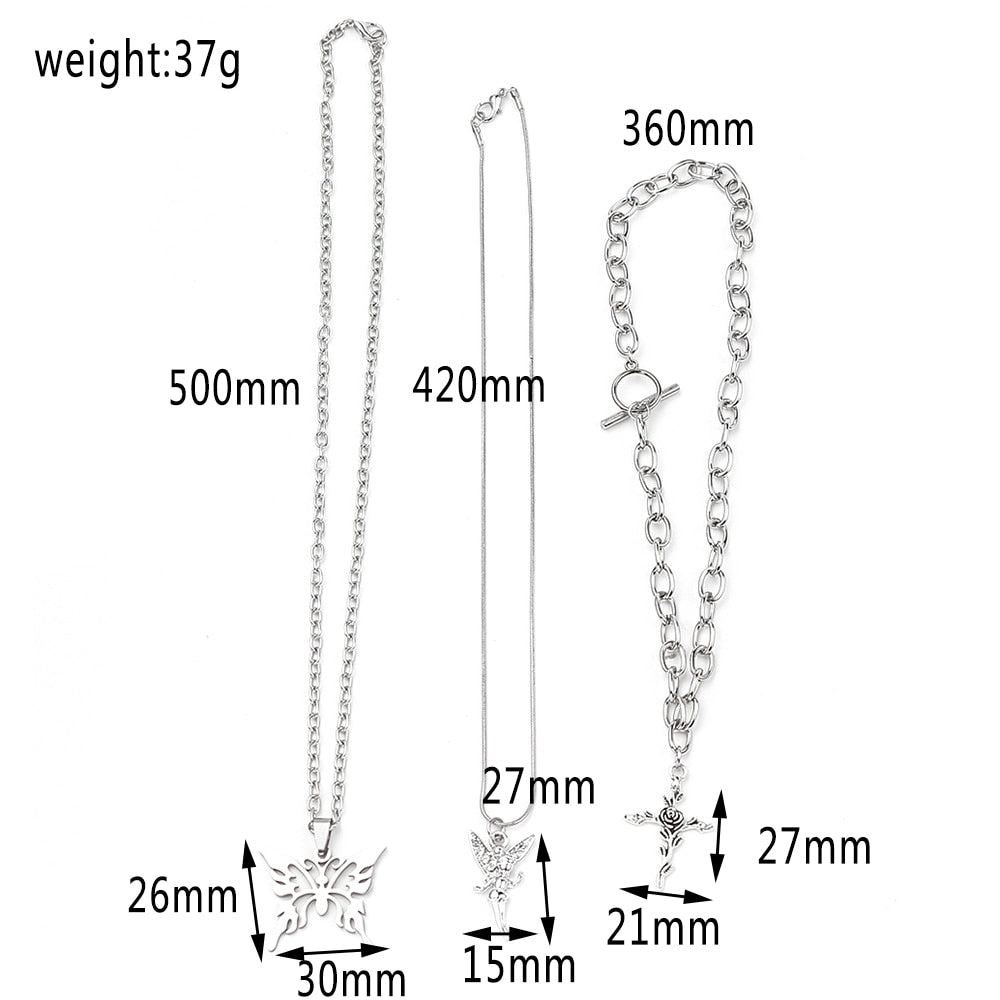 2021 3 Layers Hip Hop Cool Silver Color Cross Choker Necklaces For Women Simple Butterfly Angel Long Pendant Necklace Jewelry