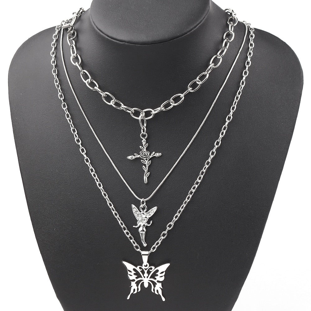 2021 3 Layers Hip Hop Cool Silver Color Cross Choker Necklaces For Women Simple Butterfly Angel Long Pendant Necklace Jewelry