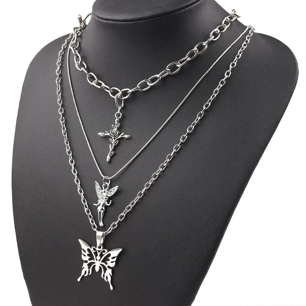 2021 3 Layers Hip Hop Cool Silver Color Cross Choker Necklaces For Women Simple Butterfly Angel Long Pendant Necklace Jewelry