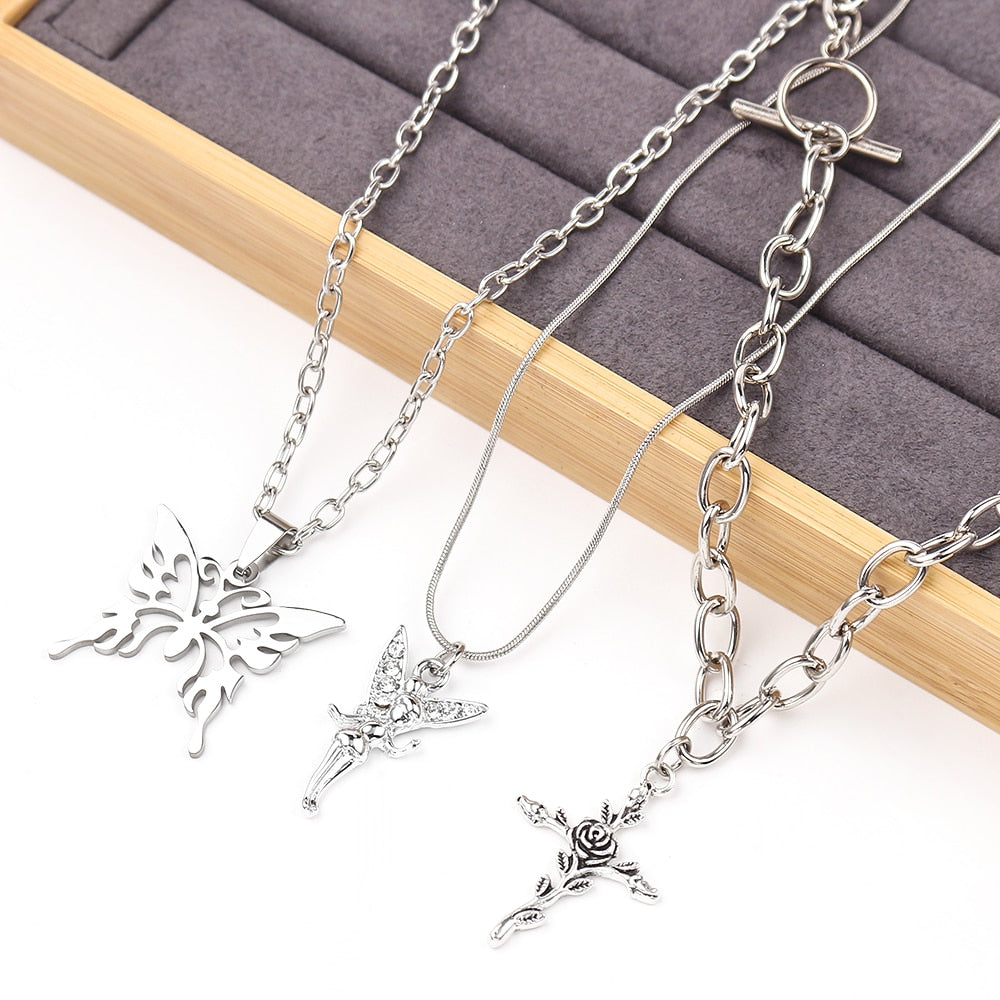 2021 3 Layers Hip Hop Cool Silver Color Cross Choker Necklaces For Women Simple Butterfly Angel Long Pendant Necklace Jewelry