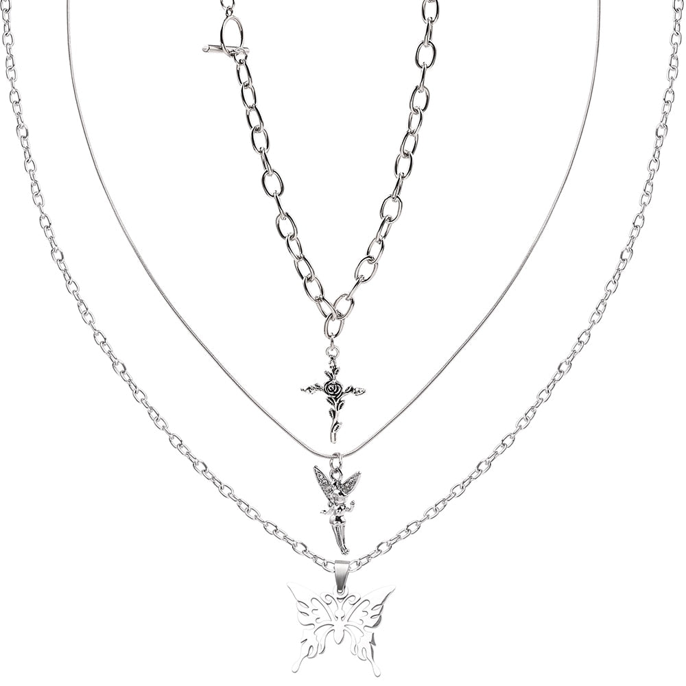 2021 3 Layers Hip Hop Cool Silver Color Cross Choker Necklaces For Women Simple Butterfly Angel Long Pendant Necklace Jewelry