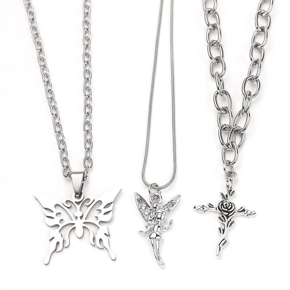 2021 3 Layers Hip Hop Cool Silver Color Cross Choker Necklaces For Women Simple Butterfly Angel Long Pendant Necklace Jewelry