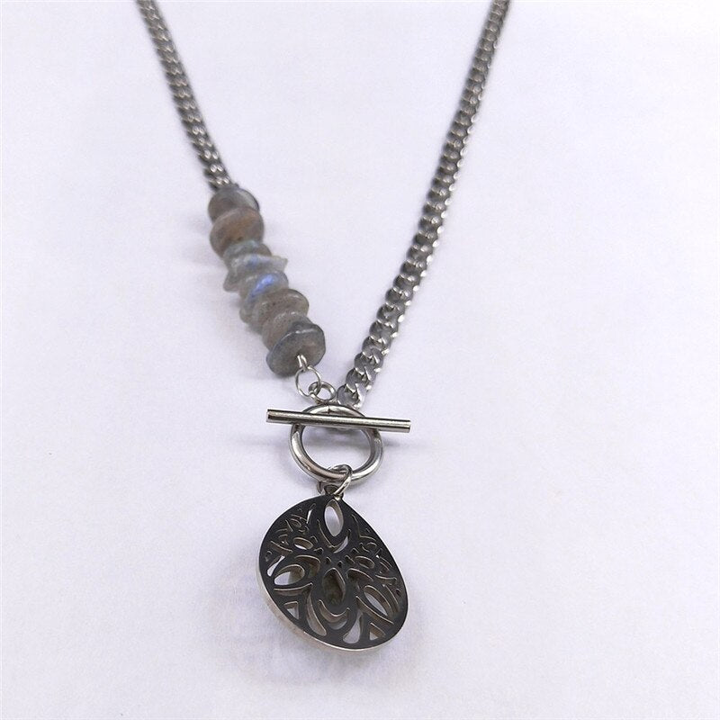 2022 Bohemia Water Drop Stainless Steel Natural Flash Stone Chocker Necklace Silver Color Necklace Jewelry collar N4516S04