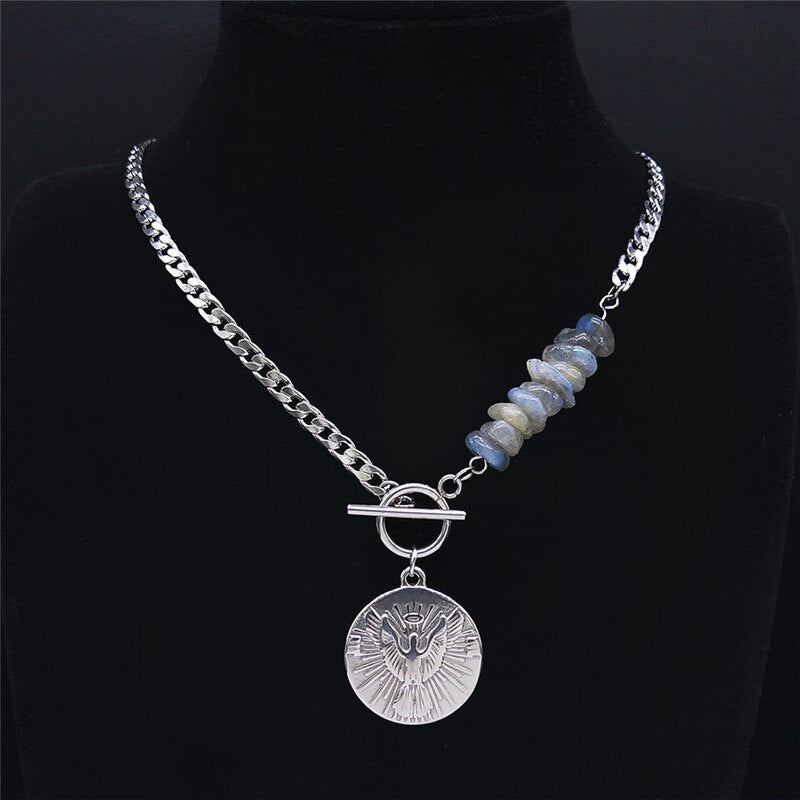 2022 Bohemia Water Drop Stainless Steel Natural Flash Stone Chocker Necklace Silver Color Necklace Jewelry collar N4516S04