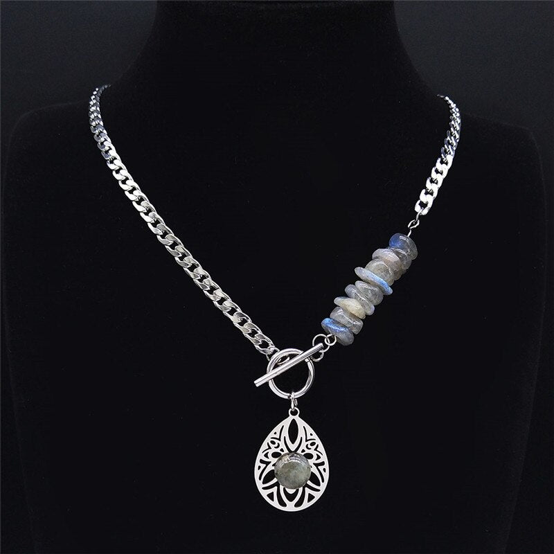 2022 Bohemia Water Drop Stainless Steel Natural Flash Stone Chocker Necklace Silver Color Necklace Jewelry collar N4516S04