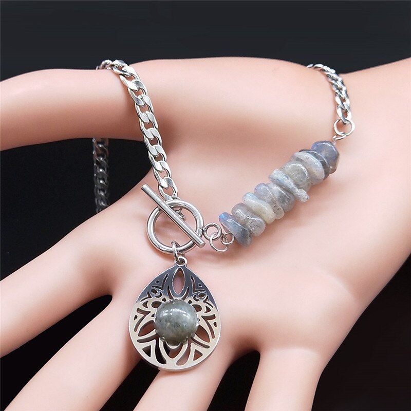 2022 Bohemia Water Drop Stainless Steel Natural Flash Stone Chocker Necklace Silver Color Necklace Jewelry collar N4516S04