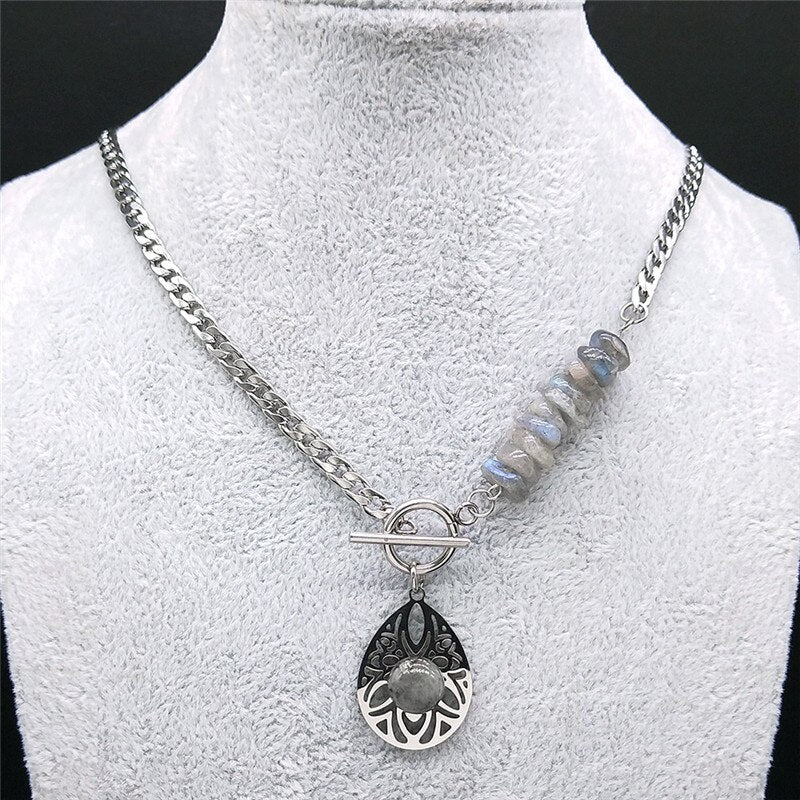 2022 Bohemia Water Drop Stainless Steel Natural Flash Stone Chocker Necklace Silver Color Necklace Jewelry collar N4516S04