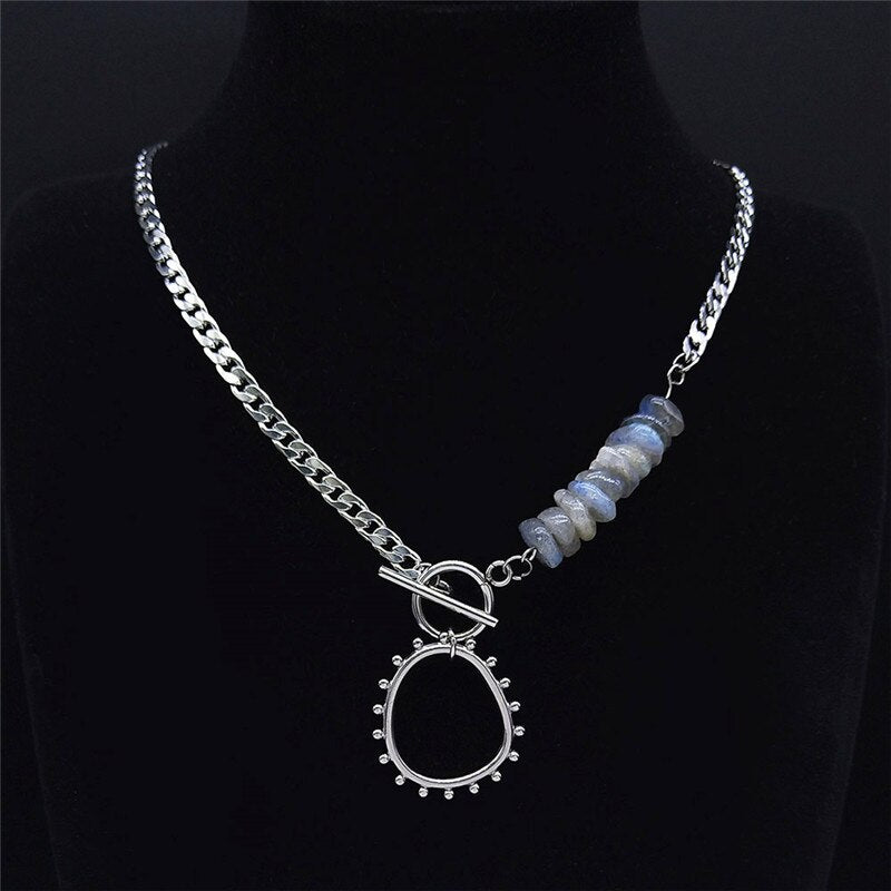 2022 Bohemia Water Drop Stainless Steel Natural Flash Stone Chocker Necklace Silver Color Necklace Jewelry collar N4516S04