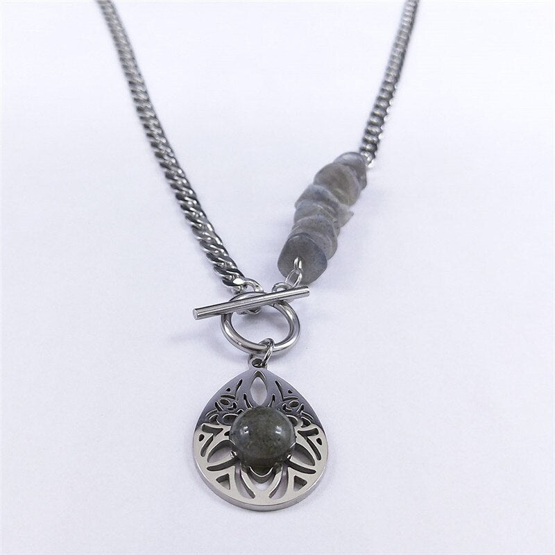 2022 Bohemia Water Drop Stainless Steel Natural Flash Stone Chocker Necklace Silver Color Necklace Jewelry collar N4516S04