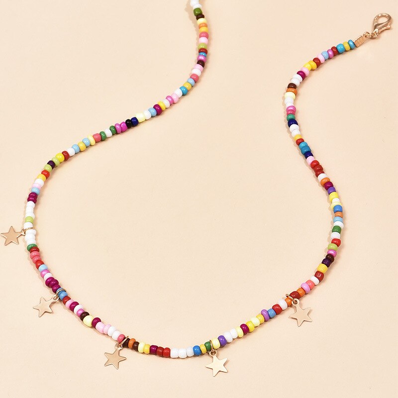 2021 Bohemian Colorful Small Beads Chain Gold Star Pendant Trendy Necklaces Jewelry for Women Girls Elegant Accessories