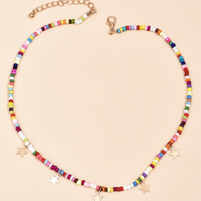 2021 Bohemian Colorful Small Beads Chain Gold Star Pendant Trendy Necklaces Jewelry for Women Girls Elegant Accessories