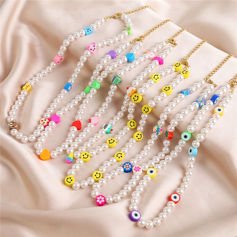 2021 Bohemian Imitation Pearl Choker Necklace for Women Elegant Clay Smile Flower Animal Heart Geometric Summer Vacation Jewelry