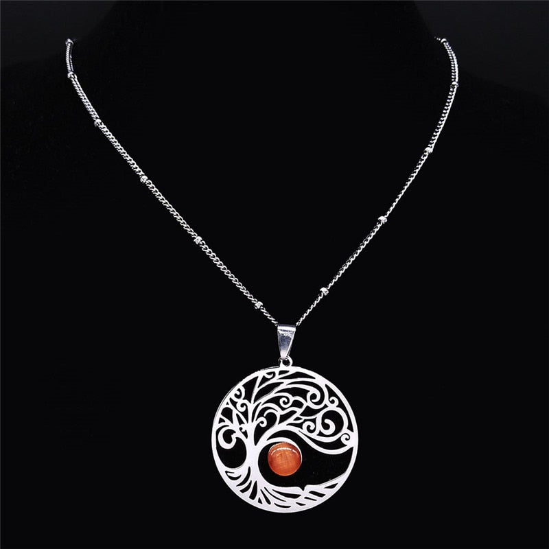 2021 Bohemian Sun Tree of Life Opal Stainless Steel Necklace Women Silver Color Charm Necklace Jewelry collier femme N4419S04
