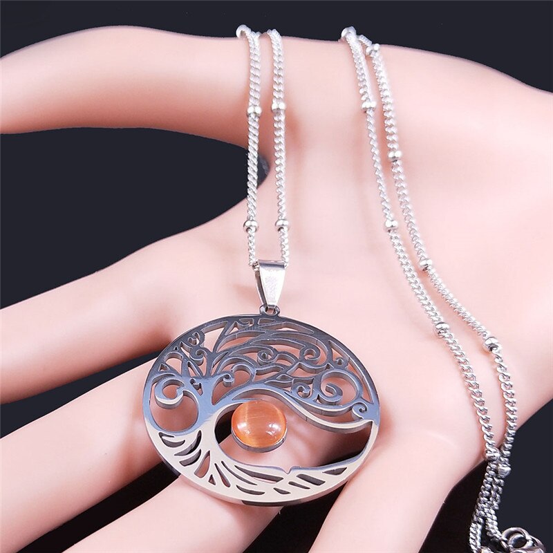 2021 Bohemian Sun Tree of Life Opal Stainless Steel Necklace Women Silver Color Charm Necklace Jewelry collier femme N4419S04
