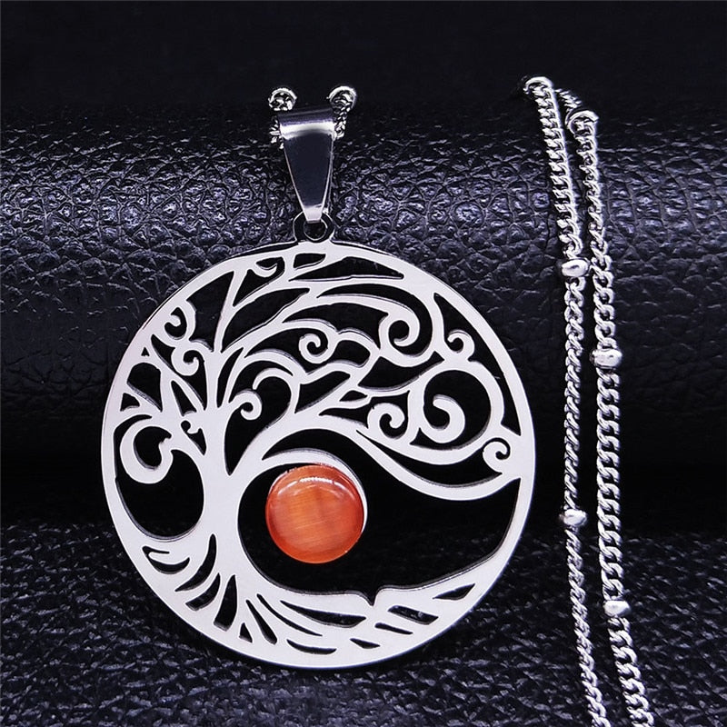 2021 Bohemian Sun Tree of Life Opal Stainless Steel Necklace Women Silver Color Charm Necklace Jewelry collier femme N4419S04