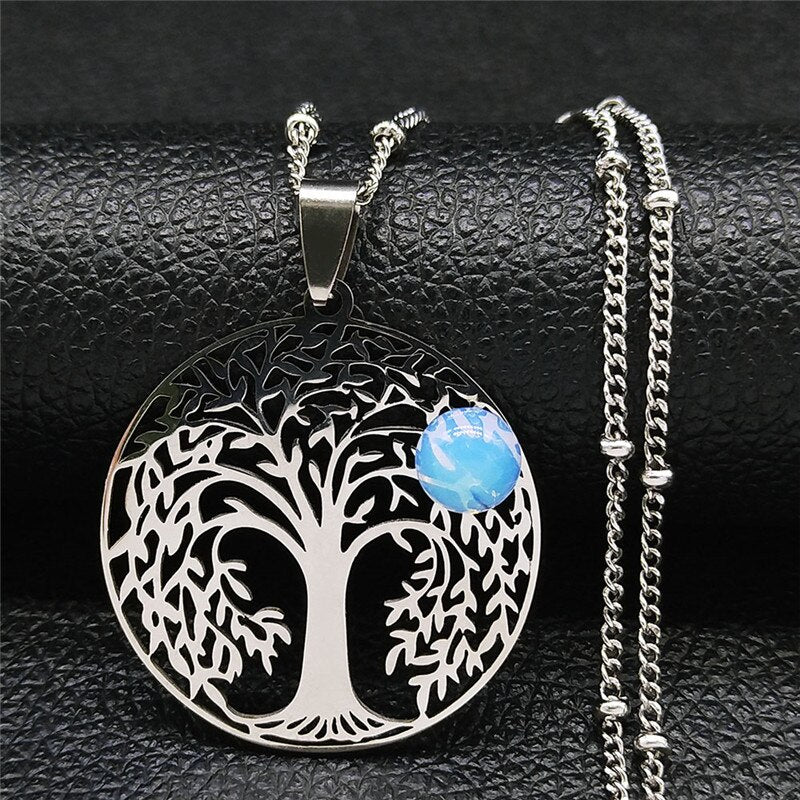 2021 Bohemian Sun Tree of Life Opal Stainless Steel Necklace Women Silver Color Charm Necklace Jewelry collier femme N4419S04