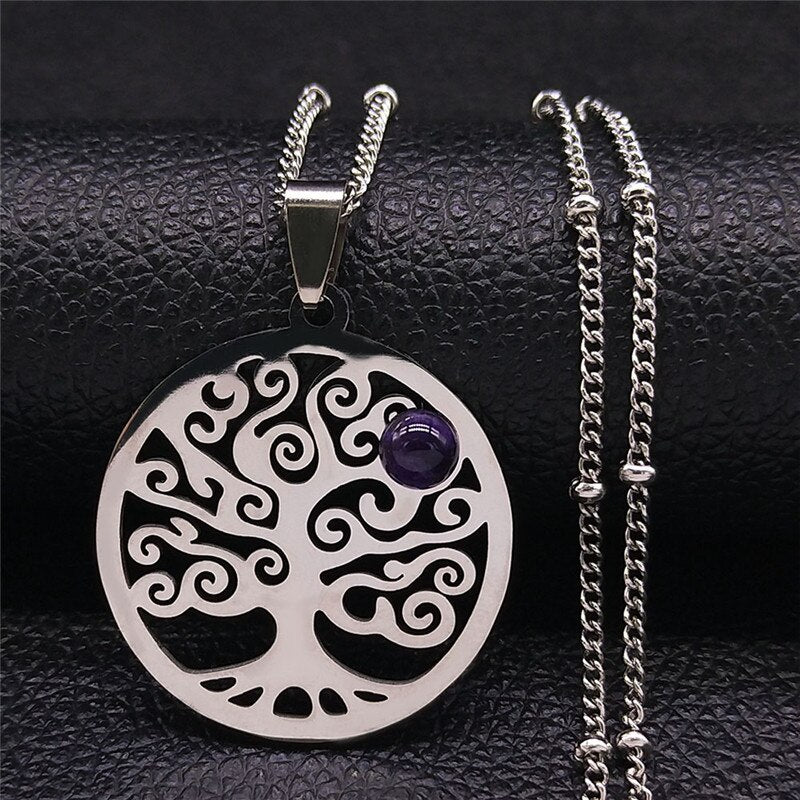 2021 Bohemian Sun Tree of Life Opal Stainless Steel Necklace Women Silver Color Charm Necklace Jewelry collier femme N4419S04