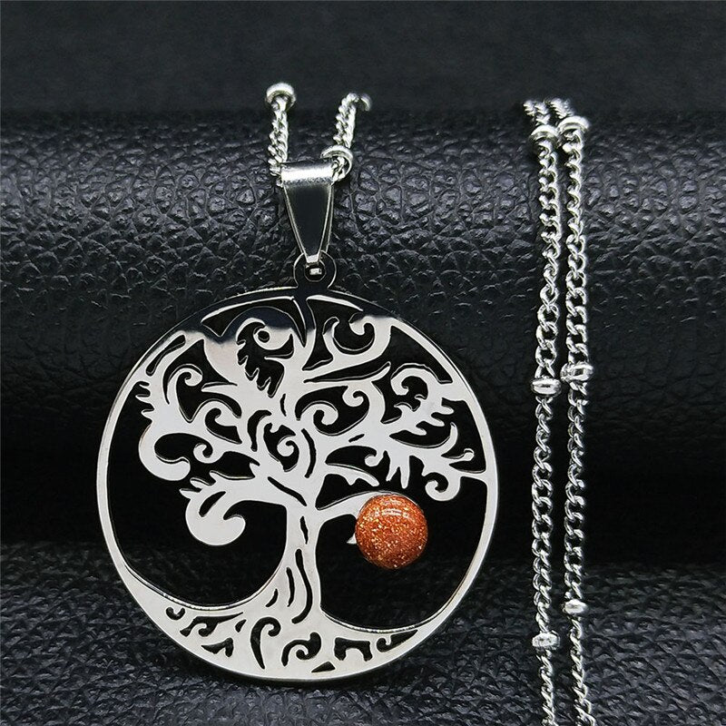 2021 Bohemian Sun Tree of Life Opal Stainless Steel Necklace Women Silver Color Charm Necklace Jewelry collier femme N4419S04
