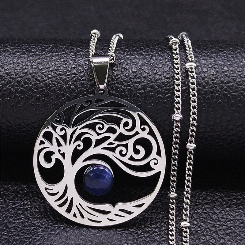 2021 Bohemian Sun Tree of Life Opal Stainless Steel Necklace Women Silver Color Charm Necklace Jewelry collier femme N4419S04