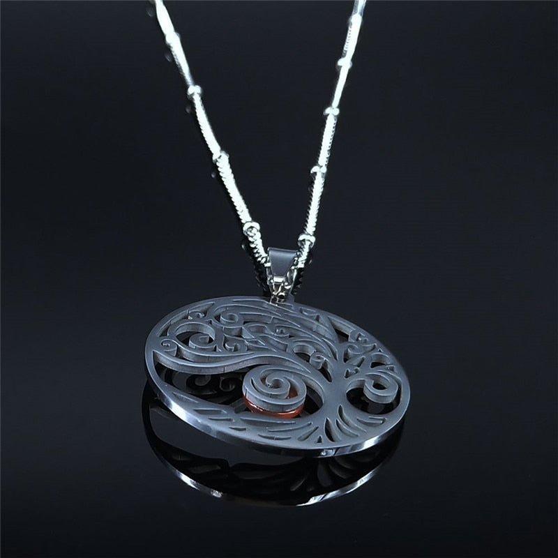 2021 Bohemian Sun Tree of Life Opal Stainless Steel Necklace Women Silver Color Charm Necklace Jewelry collier femme N4419S04