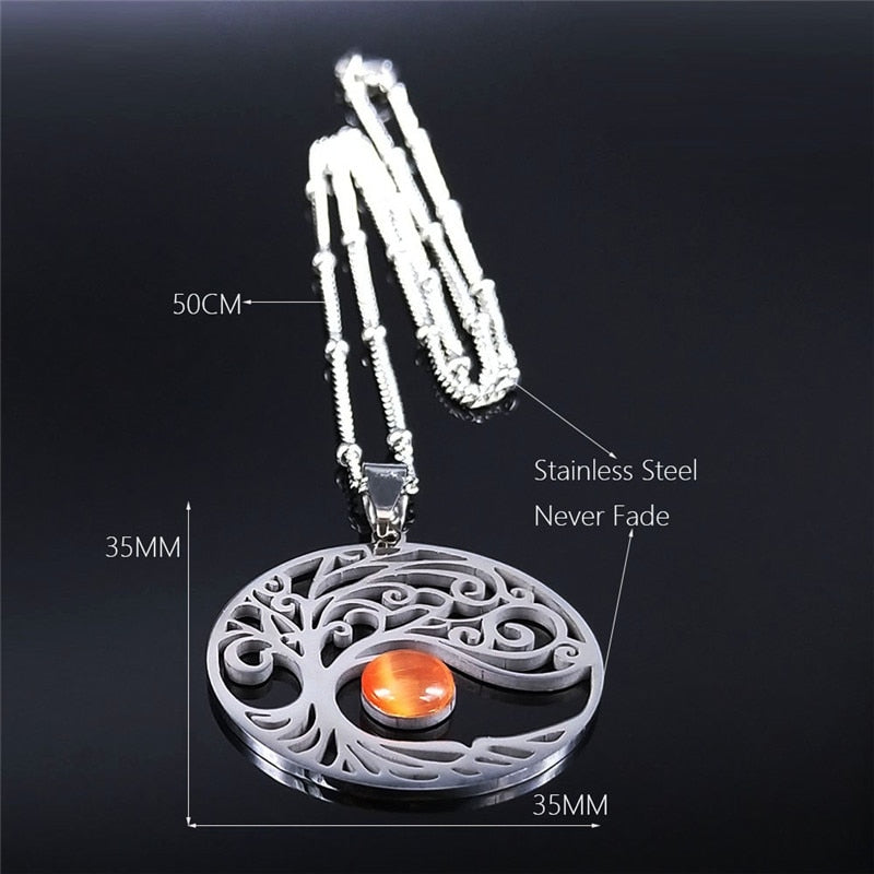 2021 Bohemian Sun Tree of Life Opal Stainless Steel Necklace Women Silver Color Charm Necklace Jewelry collier femme N4419S04